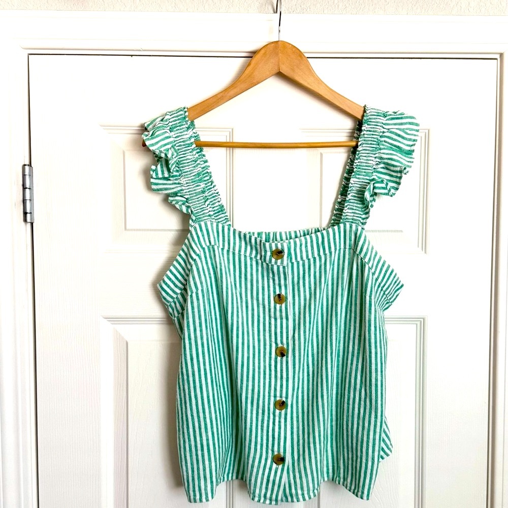 J.Crew Factory Women's Linen-Blend Button-Front Tank Top With Ruffle - Picture 2 of 4